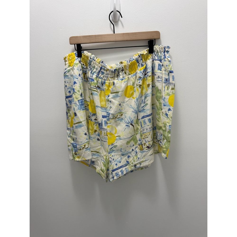 Sugarlips Amalfi Coast Lemon Yellow Print Linen Blend Smocked Shorts 2X New